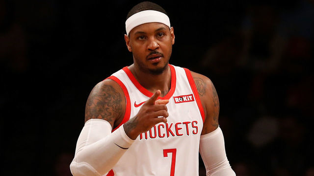 BROOKLYN, NY - NOVEMBER 02: (NEW YORK DAILIES OUT) Carmelo Anthony #7 of the Houston Rockets in action against the Brooklyn Nets at Barclays Center on November 2, 2018 in the Brooklyn borough of New York City. The Rockets defeated the Nets 119-111. NOTE TO USER: User expressly acknowledges and agrees that, by downloading and/or using this photograph, user is consenting to the terms and conditions of the Getty Images License Agreement.