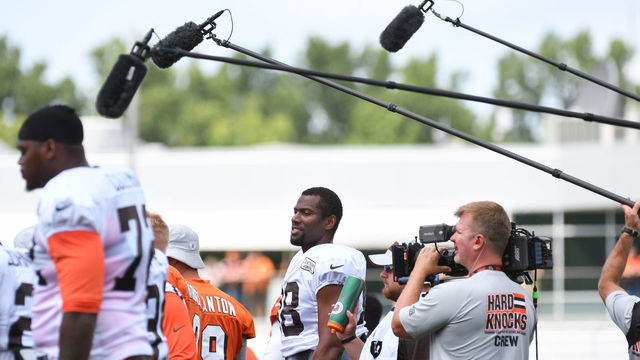 BEREA, OH - JULY 28: Microphones of HBO's "Hard Knocks" series hover over the Cleveland Browns offense during a training camp practice on July 28, 2018 at the Cleveland Browns training facility in Berea, Ohio.