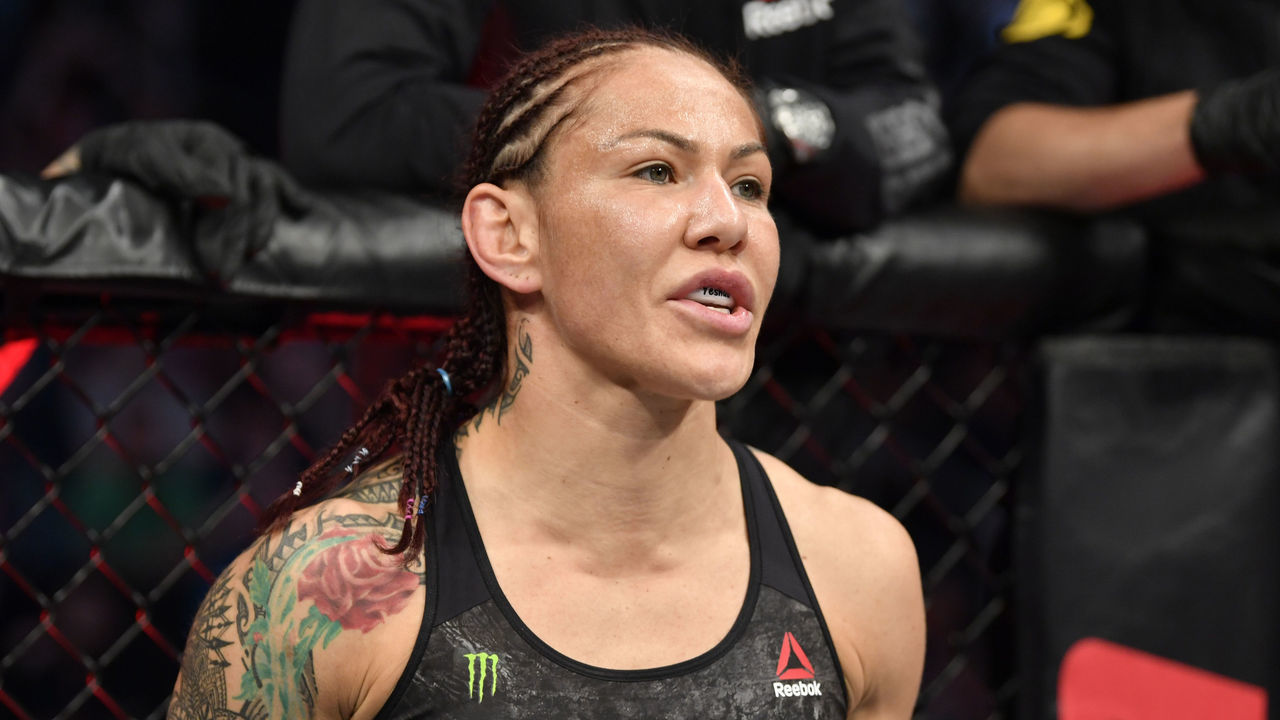 EDMONTON, ALBERTA - JULY 27: Cris Cyborg of Brazil prepares to fight Felicia Spencer of Canada in their featherweight bout during the UFC 240 event at Rogers Place on July 27, 2019 in Edmonton, Alberta, Canada.