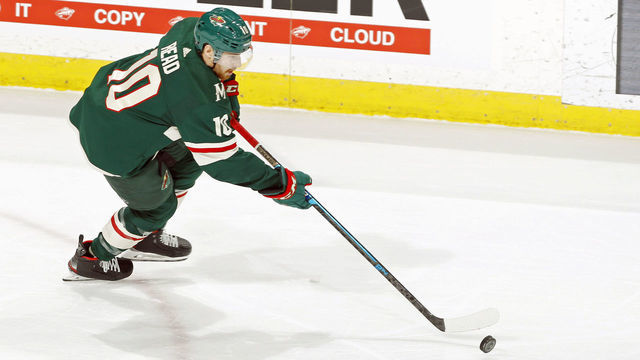 ST. PAUL, MN - MARCH 25: Matt Read #10 of the Minnesota Wild skates with the puck during a game with the Nashville Predators at Xcel Energy Center on March 25, 2019 in St. Paul, Minnesota.