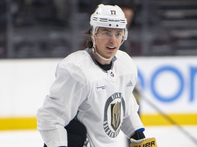 SAN JOSE, CA - APRIL 23: Nikita Gusev #17 of the Vegas Golden Knights skates during practice prior to Game Two of the Western Conference First Round during the 2019 Stanley Cup Playoffs at SAP Center on April 23, 2019 in San Jose, California.