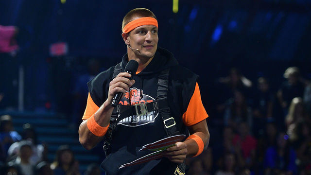 SANTA MONICA, CALIFORNIA - JULY 11: Rob Gronkowski speaks onstage during Nickelodeon Kids' Choice Sports 2019 at Barker Hangar on July 11, 2019 in Santa Monica, California.