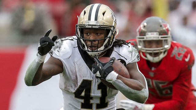 TAMPA, FL - DECEMBER 9: Runningback Alvin Kamara #41 of the New Orleans Saints on a running play during the game against the Tampa Bay Buccaneers at Raymond James Stadium on December 9, 2018 in Tampa, Florida. The Saints defeated the Buccaneers 28 to 14 to win the NFC South conference title.