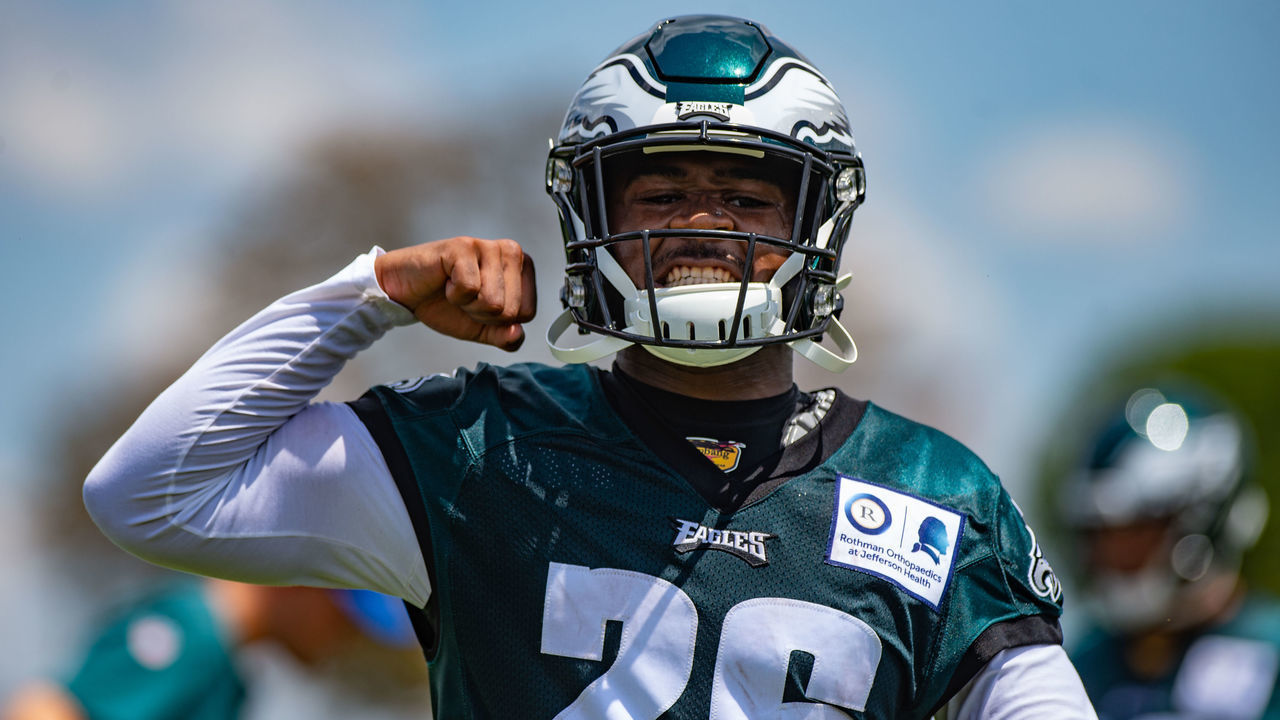 PHILADELPHIA, PA - JULY 25: Philadelphia Eagles running back Miles Sanders (26) during Philadelphia Eagles Training Camp on July 25, 2019 at the Novacare Complex in Philadelphia, PA