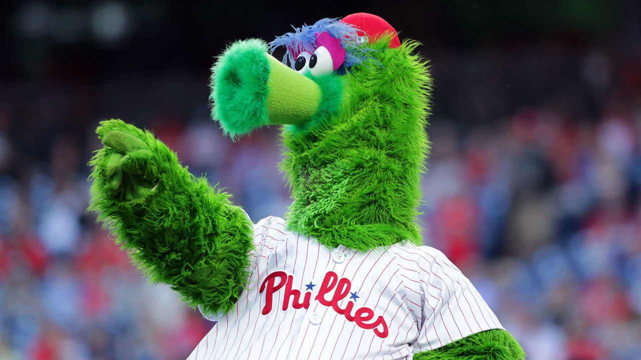 PHILADELPHIA, PA - APRIL 30: The Phillie Phanatic performs during a game against the Detroit Tigers at Citizens Bank Park on April 30, 2019 in Philadelphia, Pennsylvania. The Tigers won 3-1.