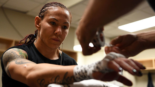 EDMONTON, ALBERTA - JULY 27: Cris Cyborg of Brazil has her hands wrapped prior to her bout during the UFC 240 event at Rogers Place on July 27, 2019 in Edmonton, Alberta, Canada.