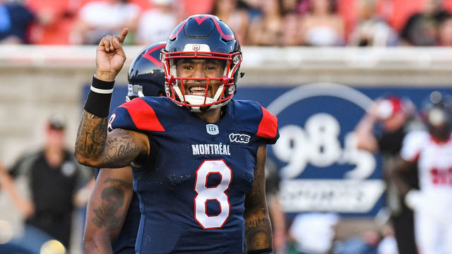 MONTREAL, QC - AUGUST 02: Montreal Alouettes Quarterback Vernon Adams Jr. (8) gives instructions to his offensive line during the Ottawa Redblacks versus the Montreal Alouettes game on August 2, 2019, at Percival Molson Memorial Stadium in Montreal, QC