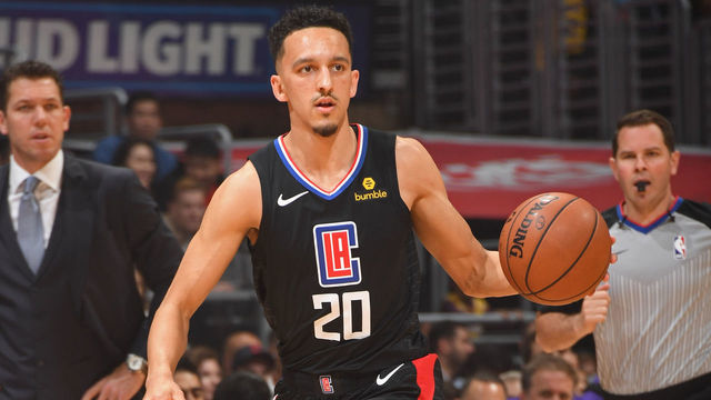 LOS ANGELES, CA - APRIL 5: Landry Shamet #20 of the LA Clippers handles the ball against the Los Angeles Lakers on April 5, 2019 at STAPLES Center in Los Angeles, California. NOTE TO USER: User expressly acknowledges and agrees that, by downloading and/or using this Photograph, user is consenting to the terms and conditions of the Getty Images License Agreement. Mandatory Copyright Notice: Copyright 2019 NBAE