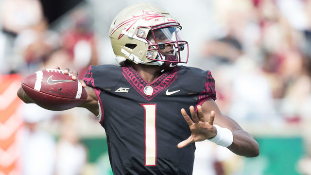 TALLAHASSEE, FL - APRIL 06: Florida State Seminoles quarterback James Blackman (1) throws the ball during the Florida State Garnet vs. Gold Spring Game at Bobby Bowden Field at Doak Campbell in Tallahassee, FL on April 6th, 2019.