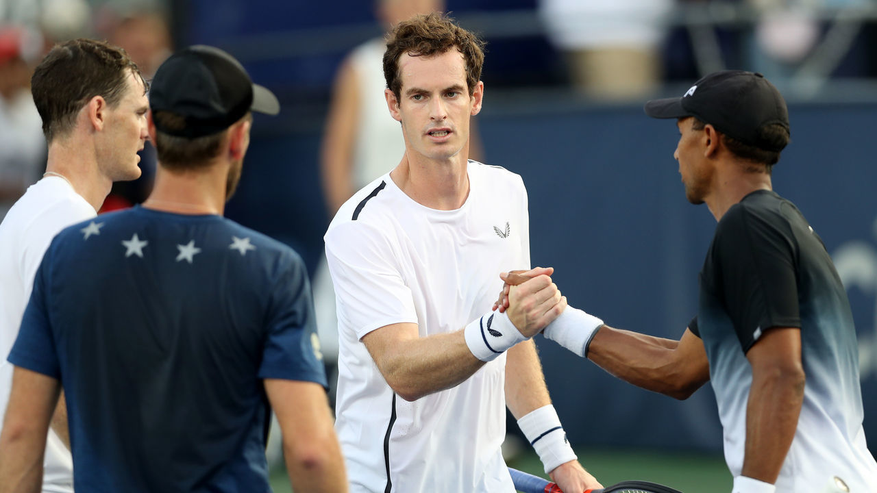 WASHINGTON, DC - AUGUST 02: Jamie Murray (L) and his brother Andy Murray of Great Britain shake hands with Michael Venus of New Zealand (L) and Raven Klaasen of Russia and following their doubles match during Day 5 of the Citi Open at Rock Creek Tennis Center on August 02, 2019 in Washington, DC.