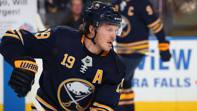 BUFFALO, NY - MARCH 31: Jake McCabe #19 of the Buffalo Sabres skates before an NHL game against the Columbus Blue Jackets on March 31, 2019 at KeyBank Center in Buffalo, New York.