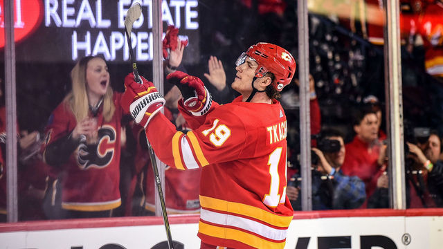 CALGARY, AB - APRIL 11: Calgary Flames Left Wing Matthew Tkachuk (19) brushes his stick as he celebrates a goal against the Colorado Avalanche during the second period of Game One of the Western Conference First Round during the 2019 Stanley Cup Playoffs where the Calgary Flames hosted the Colorado Avalanche on April 11, 2019, at the Scotiabank Saddledome in Calgary, AB.