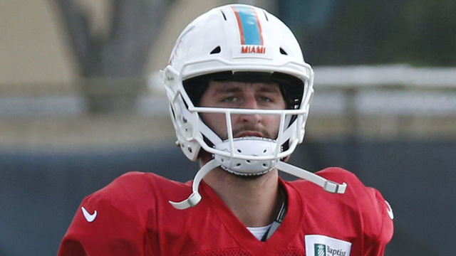 DAVIE, FL - JULY 30: Josh Rosen #3 of the Miami Dolphins warms up during the Miami Dolphins Training Camp on July 30, 2019 at the Miami Dolphins training facility in Davie, Florida.