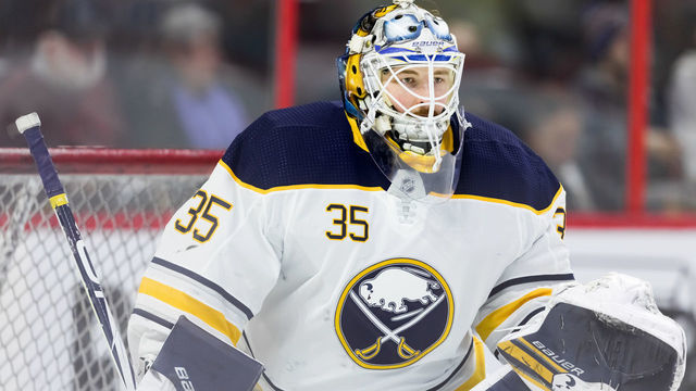 OTTAWA, ON - MARCH 26: Buffalo Sabres Goalie Linus Ullmark (35) prepares to make a save during warm-up before National Hockey League action between the Buffalo Sabres and Ottawa Senators on March 26, 2019, at Canadian Tire Centre in Ottawa, ON, Canada.