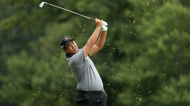 GREENSBORO, NORTH CAROLINA - AUGUST 03: Byeong Hun An of South Korea hits a tee shot on the seventh hole during the third round of the Wyndham Championship at Sedgefield Country Club on August 03, 2019 in Greensboro, North Carolina.