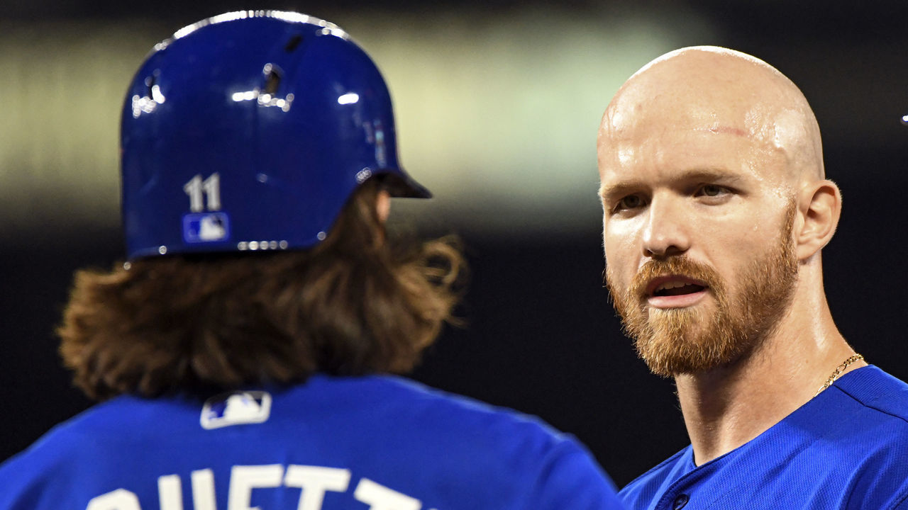BALTIMORE, MD - AUGUST 2: Toronto Blue Jays right fielder Derek Fisher (20) talks with shortstop Bo Bichette (11) in the ninth inning during the game between the Toronto Blue Jays and the Baltimore Orioles on August 2, 2019, at Orioles Park at Camden Yards in Baltimore, MD.