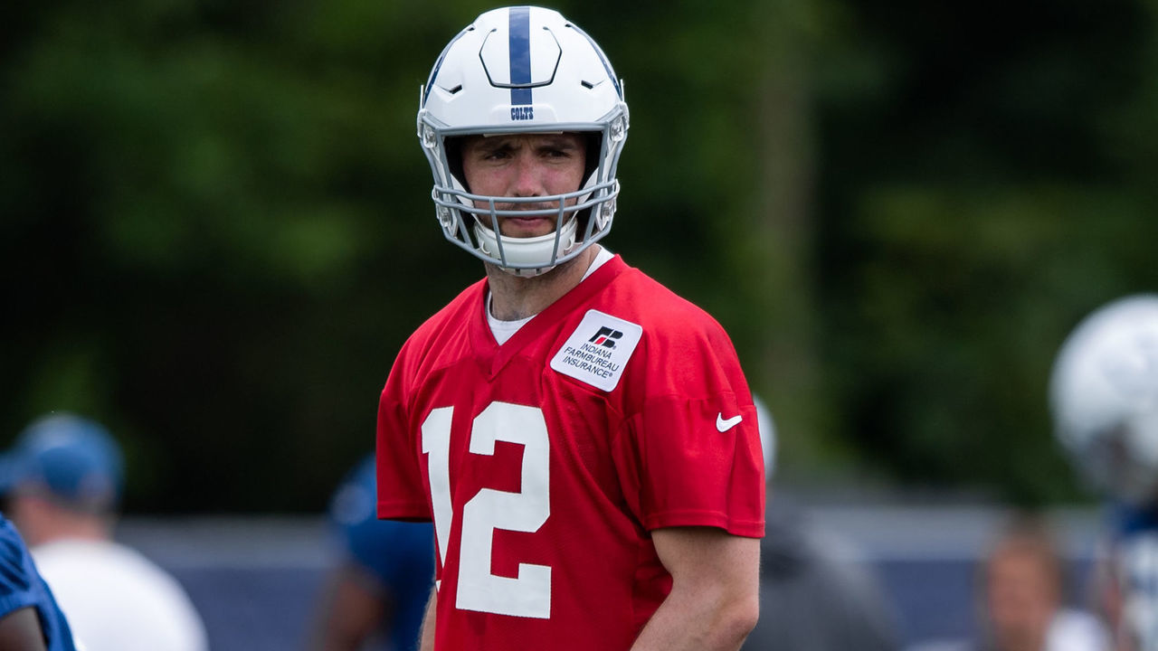 WESTFIELD, IN - JULY 26: Indianapolis Colts quarterback Andrew Luck (12) runs through a drill during the Indianapolis Colts training camp practice on July 26, 2019 at the Grand Park Sports Campus in Westfield, IN.