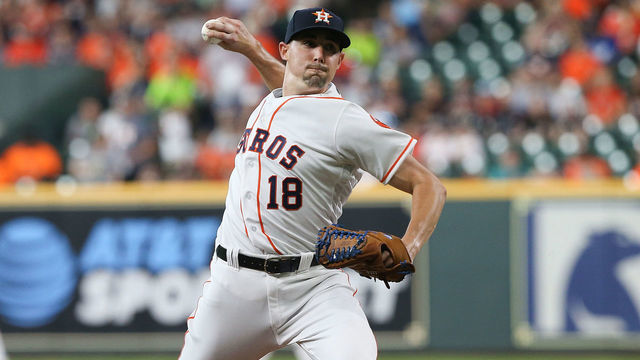 HOUSTON, TEXAS - AUGUST 03: Aaron Sanchez #18 of the Houston Astros pitches in the first inning against the Seattle Mariners at Minute Maid Park on August 03, 2019 in Houston, Texas.