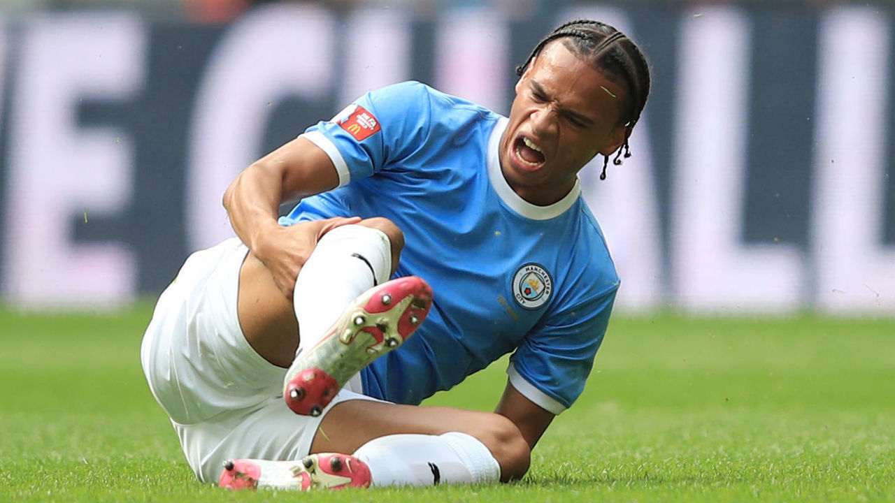 LONDON, ENGLAND - AUGUST 04: Leroy Sane of Manchester City reacts to an injury during the FA Community Shield match between Liverpool and Manchester City at Wembley Stadium on August 4, 2019 in London, England.
