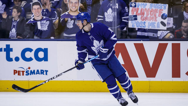 TORONTO, ON - APRIL 15: Mitch Marner warms up before facing the Boston Bruins in Game Three of the Eastern Conference First Round during the 2019 NHL Stanley Cup Playoffs at the Scotiabank Arena on April 15, 2019 in Toronto, Ontario, Canada.