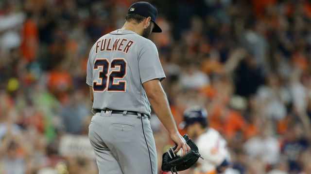 HOUSTON, TX - JULY 14: Michael Fulmer #32 of the Detroit Tigers gives up a home run to Josh Reddick #22 of the Houston Astros in the fifth inning at Minute Maid Park on July 14, 2018 in Houston, Texas.