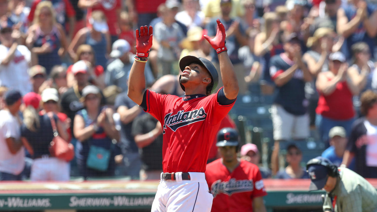 CLEVELAND, OH - AUGUST 04: Cleveland Indians shortstop Francisco Lindor (12) celebrates as he crosses the plate after hitting a home run during the third inning of the Major League Baseball game between the Los Angeles Angels and Cleveland Indians on August 4, 2019, at Progressive Field in Cleveland, OH.