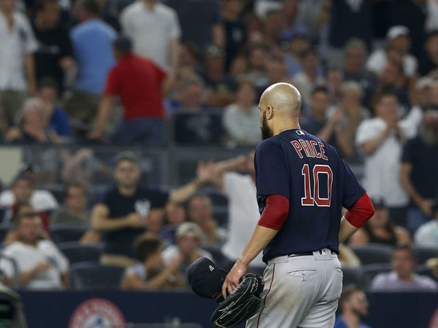 NEW YORK, NEW YORK - AUGUST 04: David Price #10 of the Boston Red Sox walks to the dugout as he is removed from the game against the New York Yankees in the third inning at Yankee Stadium on August 04, 2019 in New York City.
