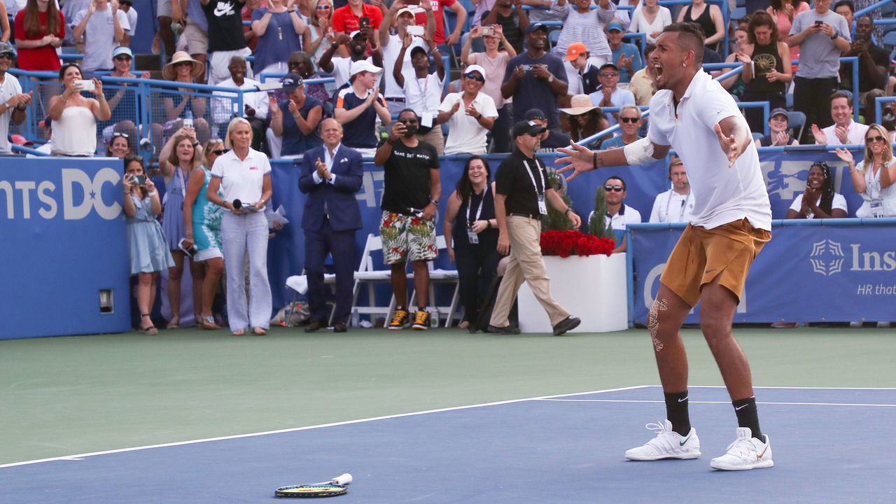 WASHINGTON, DC - AUGUST 04: Nick Kyrgios of Australia celebrates winning match point against Daniil Medvedev of Russia during the men's singles final of the Citi Open at Rock Creek Tennis Center on August 04, 2019 in Washington, DC.