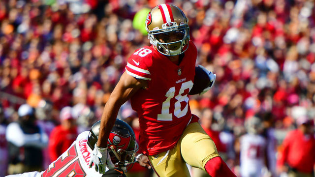 TAMPA, FLORIDA - NOVEMBER 25: Dante Pettis #18 of the San Francisco 49ers catches a 13-yard pass for a touchdown in the second quarter against the Tampa Bay Buccaneers at Raymond James Stadium on November 25, 2018 in Tampa, Florida.