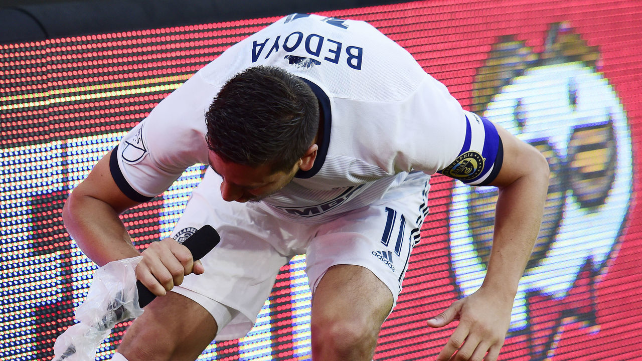 WASHINGTON, DC - AUGUST 04: Alejandro Bedoya #11 of Philadelphia Union yells into a television microphone after scoring a goal in the first half against the D.C. United at Audi Field on August 4, 2019 in Washington, DC.