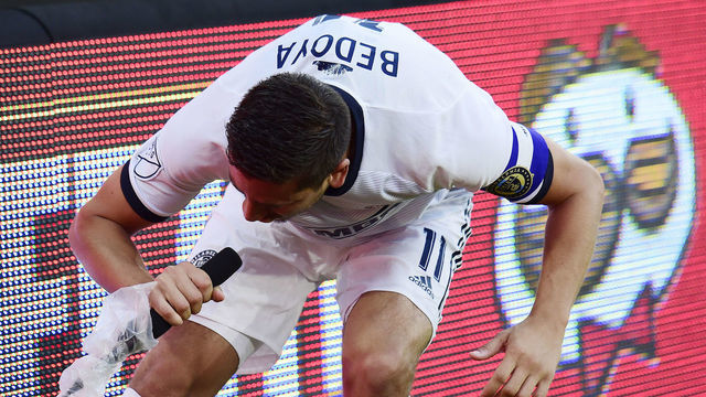 WASHINGTON, DC - AUGUST 04: Alejandro Bedoya #11 of Philadelphia Union yells into a television microphone after scoring a goal in the first half against the D.C. United at Audi Field on August 4, 2019 in Washington, DC.