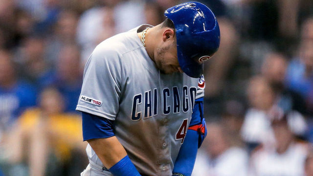 MILWAUKEE, WISCONSIN - JULY 27: Willson Contreras #40 of the Chicago Cubs reacts after hitting his hand on a pitch in the eighth inning against the Milwaukee Brewers at Miller Park on July 27, 2019 in Milwaukee, Wisconsin.