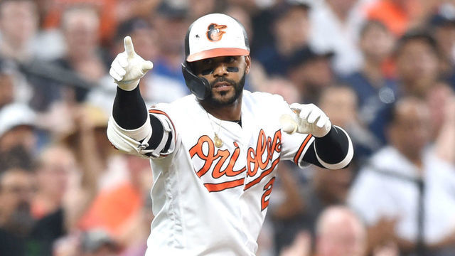 BALTIMORE, MD - AUGUST 05: Jonathan Villar #2 of the Baltimore Orioles celebrates a triple in the third inning during a baseball game against the New York Yankees at Oriole Park at Camden Yards on August 5, 2019 in Baltimore, Maryland.