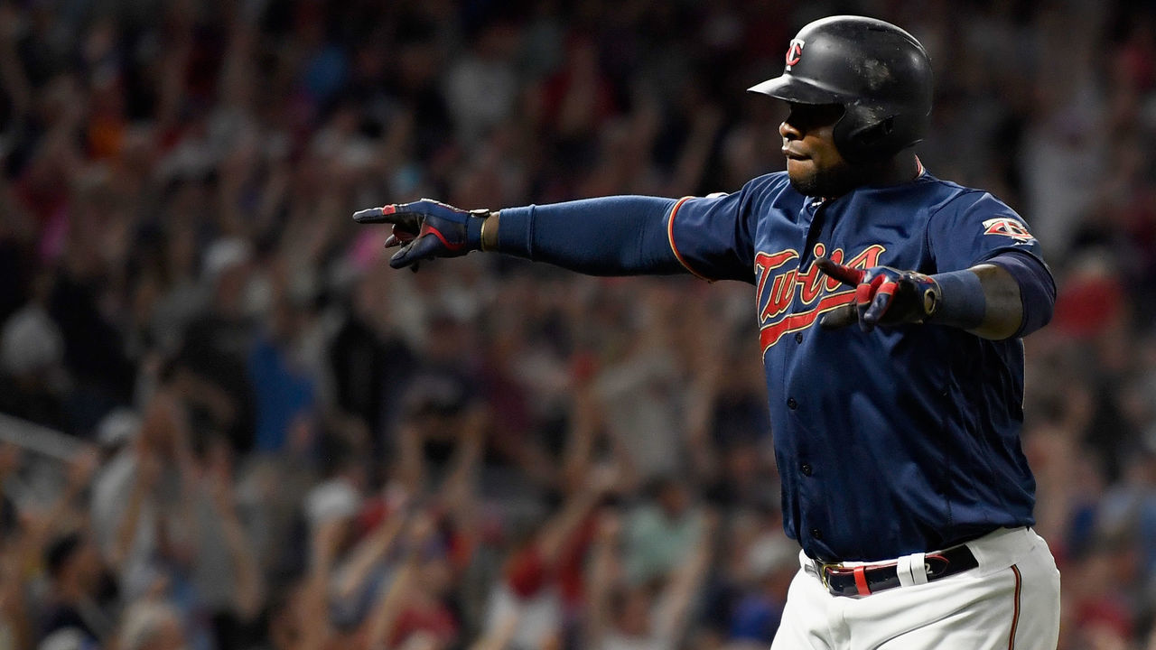 MINNEAPOLIS, MN - AUGUST 05: Miguel Sano #22 of the Minnesota Twins celebrates hitting a two-run, walk-off home run against the Atlanta Braves in the ninth inning of the interleague game on August 5, 2019 at Target Field in Minneapolis, Minnesota. The Twins defeated the Braves 5-3.