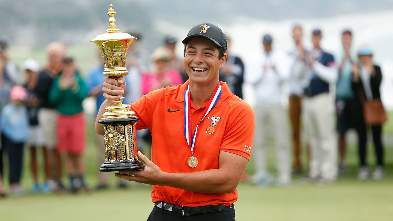 PEBBLE BEACH, CA - AUGUST 19: Viktor Hovland of Norway poses with the Havemeyer Trophy after winning the championship match for the U.S. Amateur Championship at Pebble Beach Golf Links on August 19, 2018 in Pebble Beach, California.