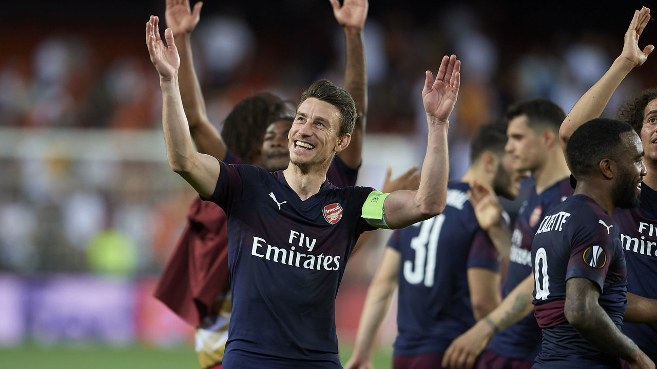 Laurent Koscielny of Asenal celebrates victory after the UEFA Europa League Semi Final Second Leg match between Valencia and Arsenal at Estadio Mestalla on May 9, 2019 in Valencia, Spain.
