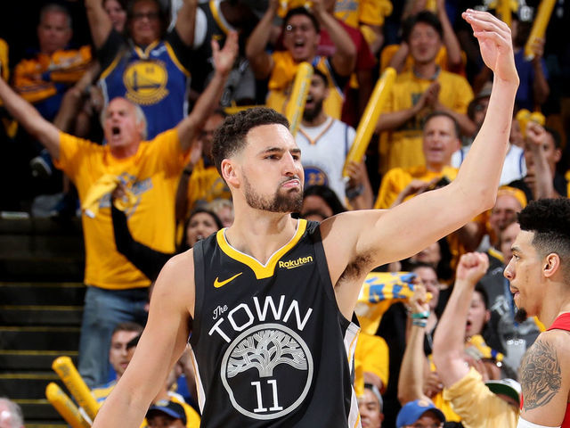OAKLAND, CA - JUNE 13: Klay Thompson #11 of the Golden State Warriors reacts against the Toronto Raptors during Game Six of the 2019 NBA Finals on June 13, 2019 at ORACLE Arena in Oakland, California. NOTE TO USER: User expressly acknowledges and agrees that, by downloading and/or using this photograph, user is consenting to the terms and conditions of Getty Images License Agreement. Mandatory Copyright Notice: Copyright 2019 NBAE