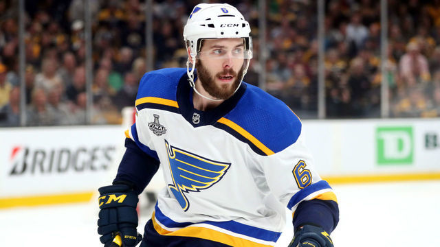 BOSTON, MASSACHUSETTS - JUNE 12: Joel Edmundson #6 of the St. Louis Blues reacts against the Boston Bruins during the first period in Game Seven of the 2019 NHL Stanley Cup Final at TD Garden on June 12, 2019 in Boston, Massachusetts.