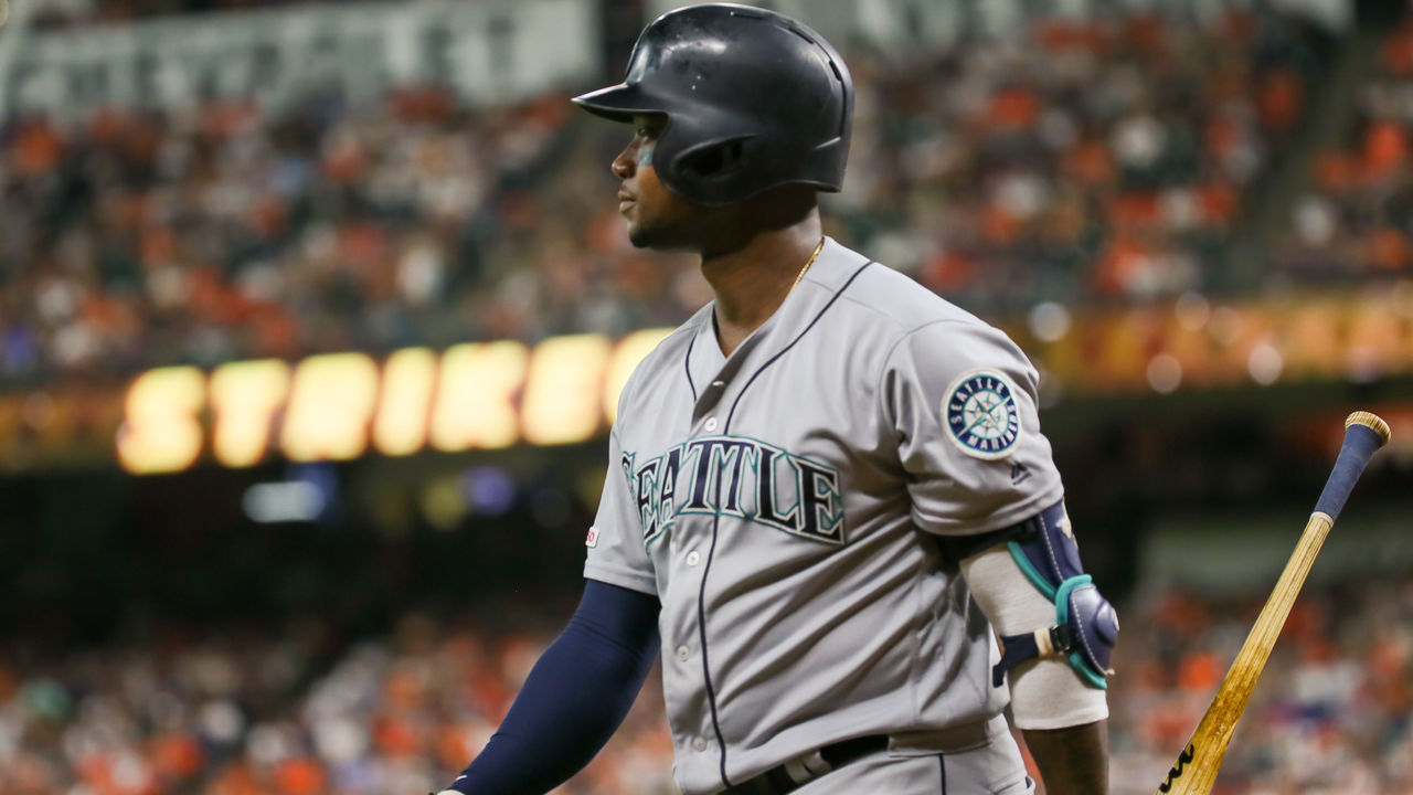 HOUSTON, TX - AUGUST 02: Seattle Mariners left fielder Tim Beckham (1) reacts after striking out during the baseball game between the Seattle Mariners and Houston Astros on August 2, 2019 at Minute Maid Park in Houston, Texas.