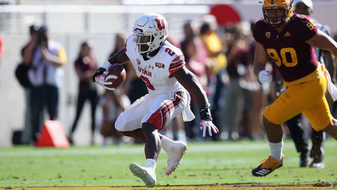 TEMPE, AZ - NOVEMBER 03: Running back Zack Moss #2 of the Utah Utes rushes the football against the Arizona State Sun Devils during the first half of the college football game at Sun Devil Stadium on November 3, 2018 in Tempe, Arizona.