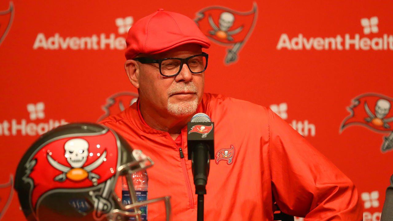 TAMPA, FL - APRIL 26: Bucs Head Coach Bruce Arians speaks to the gathered media during the introductory press conference for 2019 Tampa Bay Buccaneers 1st round pick Devin White on April 26, 2019 at One Buccaneer Place in Tampa,FL.