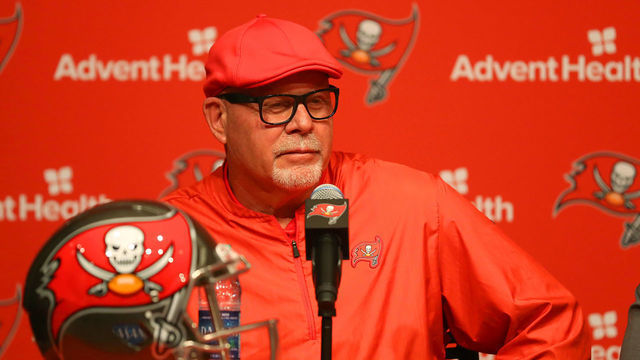 TAMPA, FL - APRIL 26: Bucs Head Coach Bruce Arians speaks to the gathered media during the introductory press conference for 2019 Tampa Bay Buccaneers 1st round pick Devin White on April 26, 2019 at One Buccaneer Place in Tampa,FL.