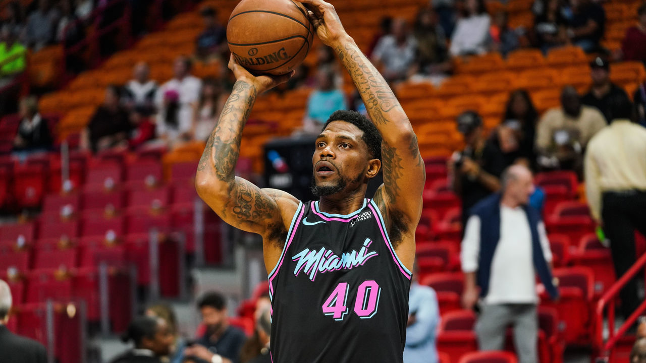 MIAMI, FLORIDA - FEBRUARY 23: Udonis Haslem of the Miami Heat shoots a shot before their game against the Detroit Pistons at American Airlines Arena on February 23, 2019 in Miami, Florida.