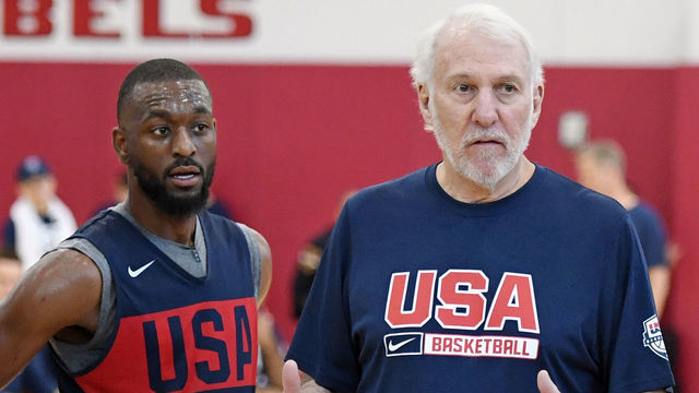 LAS VEGAS, NEVADA - AUGUST 05: Kemba Walker #26 of the 2019 USA Men's National Team listens to head coach Gregg Popovich of the 2019 USA Men's National Team during a practice session at the 2019 USA Basketball Men's National Team World Cup minicamp at the Mendenhall Center at UNLV on August 5, 2019 in Las Vegas, Nevada.