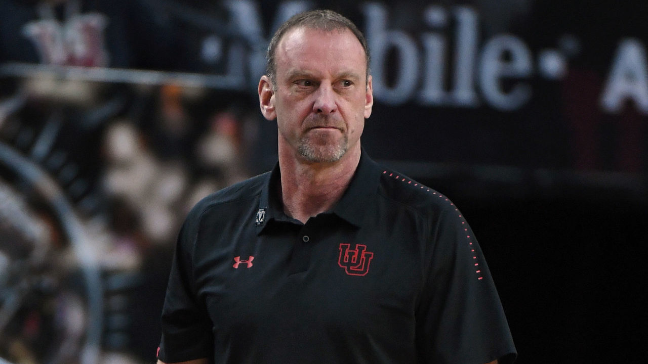 LAS VEGAS, NEVADA - MARCH 14: Head coach Larry Krystkowiak of the Utah Utes looks on during a quarterfinal game of the Pac-12 basketball tournament against the Oregon Ducks at T-Mobile Arena on March 14, 2019 in Las Vegas, Nevada. The Ducks defeated the Utes 66-54.