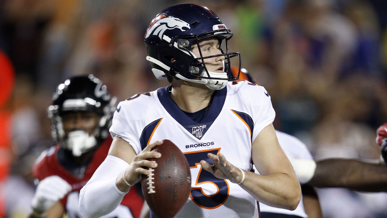CANTON, OH - AUGUST 01: Drew Lock #3 of the Denver Broncos looks to pass the ball during a preseason game against the Atlanta Falcons at Tom Benson Hall Of Fame Stadium on August 1, 2019 in Canton, Ohio.