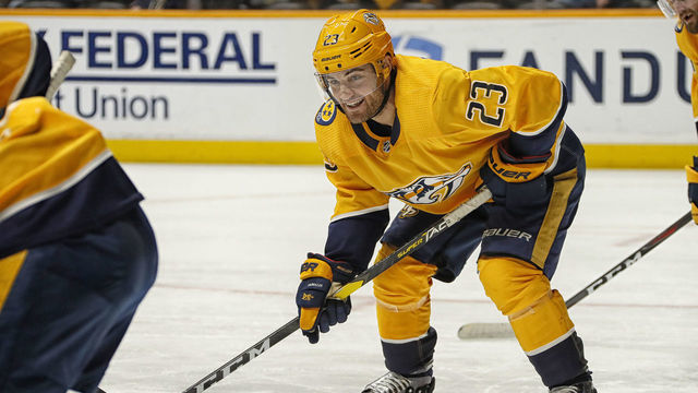 NASHVILLE, TENNESSEE - APRIL 20: Rocco Grimaldi #23 of the Nashville Predators lines up for a faceoff against the Dallas Stars during the second period of Game Five of the Western Conference First Round during the 2019 NHL Stanley Cup Playoffs at Bridgestone Arena on April 20, 2019 in Nashville, Tennessee.