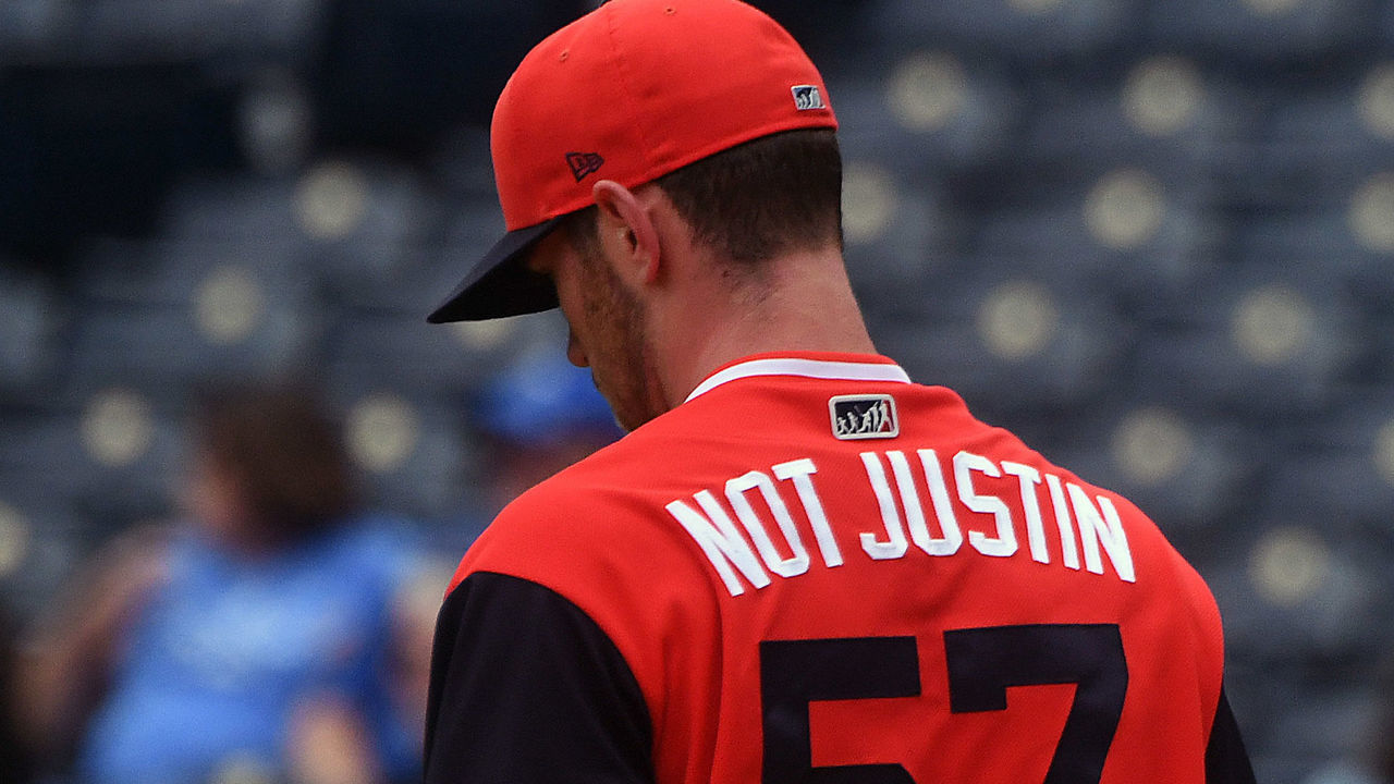 KANSAS CITY, MO - AUGUST 26: Cleveland Indians starting pitcher Shane Bieber (57) shows his nickname on the reverse of his jersey during MLB Players Weekend during a MLB game between the Cleveland Indians and the Kansas City Royals on August 26, 2018, at Kauffman Stadium, Kansas City, MO.