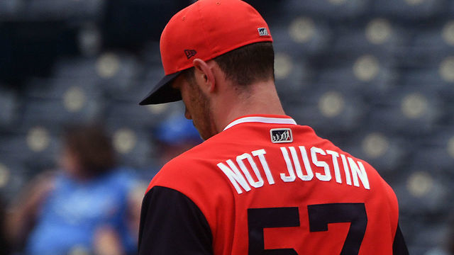 KANSAS CITY, MO - AUGUST 26: Cleveland Indians starting pitcher Shane Bieber (57) shows his nickname on the reverse of his jersey during MLB Players Weekend during a MLB game between the Cleveland Indians and the Kansas City Royals on August 26, 2018, at Kauffman Stadium, Kansas City, MO.