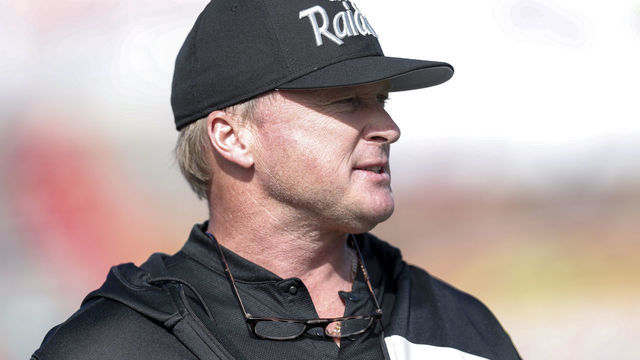 MOBILE, AL - JANUARY 26: Head Coach Jon Gruden of the Oakland Raiders of the North Team during the 2019 Reese's Senior Bowl at Ladd-Peebles Stadium on January 26, 2019 in Mobile, Alabama. The North defeated the South 34 to 24.